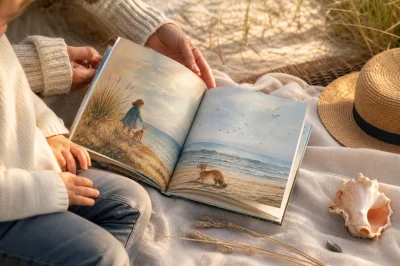 Open kinderboek op een strandlaken met schelp en zonnehoed, zomerse leesmomenten bij kinderboeken zomervakantie.